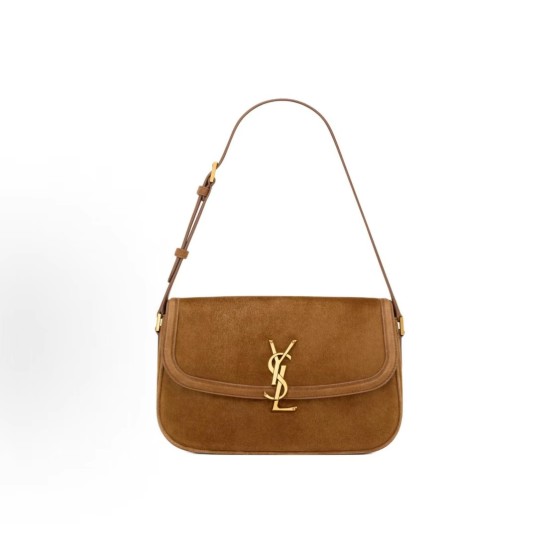 SAINT LAURENT YSL SOLFERINO distressed bronze metal accessory shoulder bag, medium size for women in brown